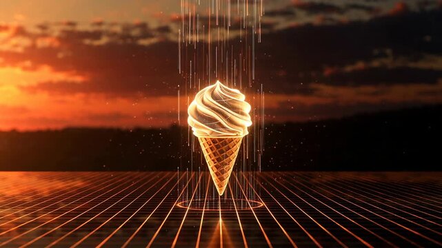 A mesmerizing digital representation of an illuminated ice cream cone, showcased against a dramatic sunset backdrop with cascading light