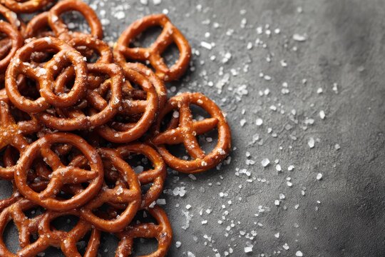 Salted pretzel shaped cookies scattered on a gray background