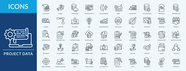 Project Data - Icon Collection. Thin Outline Set contains such Icons as financial planning, data management, data backup, trend and more. Simple web icons set