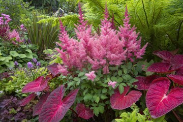 Sammamish Washington USA garden with pink Astilbe and Caladium