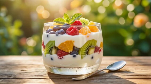 Colorful summer garden with refreshing yogurt parfait full of fresh fruits and vibrant natural beauty