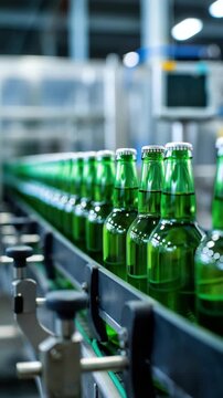 Green glass bottles on automated bottling line in beverage manufacturing facility, high-speed conveyor in drink production plant, industrial packaging process, brewery filling system