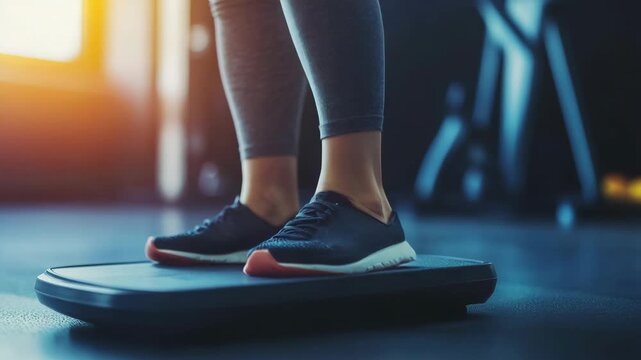 Woman doing calf raises exercise on a stepper in a gym