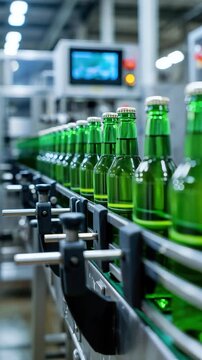 Bottled beverages on high-speed conveyor in automated filling and packaging line, green glass bottles in beverage processing plant, precision machinery in bottling facility
