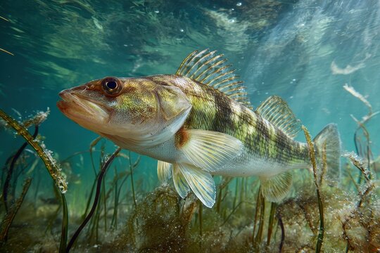 Sander lucioperca swimming in a European lake