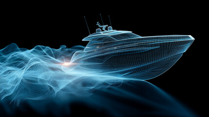 Illustration of a 3D wireframe model of a hydrofoil yacht jumping over waves, Yacht Design concept, innovation and speed, futuristic digital aesthetic, blue and silver palette, wit