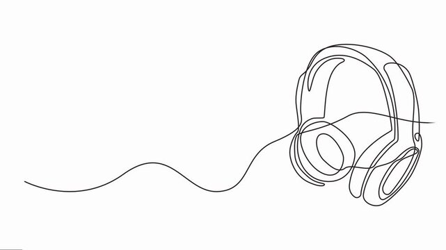 continuous one-line drawing of a pair of headphones, microphone customer service care equipment tools, Equipment as a helpdesk officer. Call center, Full length animation.
