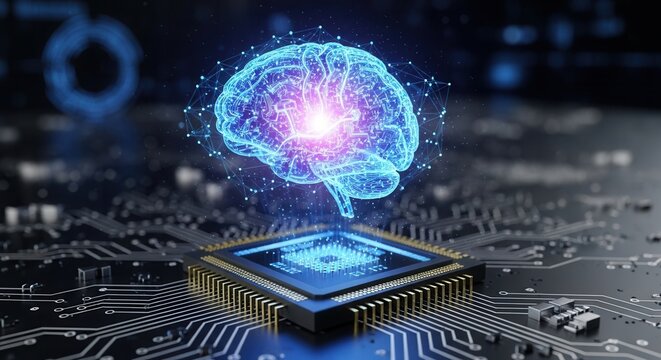 Futuristic digital brain hologram glowing above microchip processor representing artificial intelligence, neural network deep learning, cyber technology and smart data computing.
