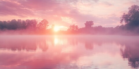 Obraz premium Tranquil, Muted Radiance Across a Serene Lake at Sundown with Soft Hues of Pink and Violet Mist
