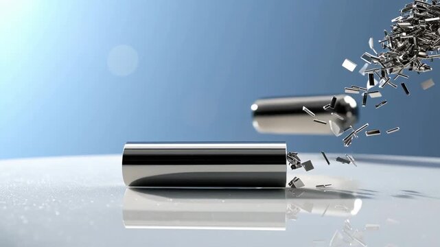 Metallic cylindrical objects dispersing metallic particles against a light blue background, creating a dynamic motion effect