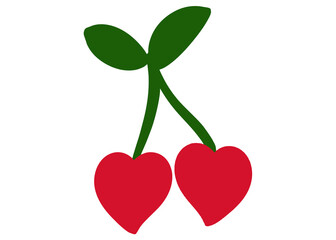 Fototapeta premium Vibrant Valentine's Day wallpaper of lovely cherries with heart shapes over white background. Postcard and banner website for Valentine's Day, wedding and romantic details.