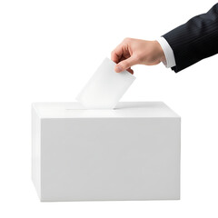 Hand in suit casting vote into ballot box isolated on transparent background