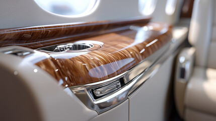 Close-up of premium aircraft interior materials: Polished chrome accents, exotic wood inlay, and soft touch fabric, Luxury Private Jet Interiors concept, tactile luxury, reflection