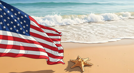 American flag on a sunny beach with starfish