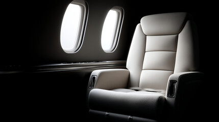 Obraz premium Minimalist shot of a brand-new, plush private jet seat in a neutral color, illuminated by a single spotlight, Luxury Private Jet Interiors concept, unparalleled comfort and design,