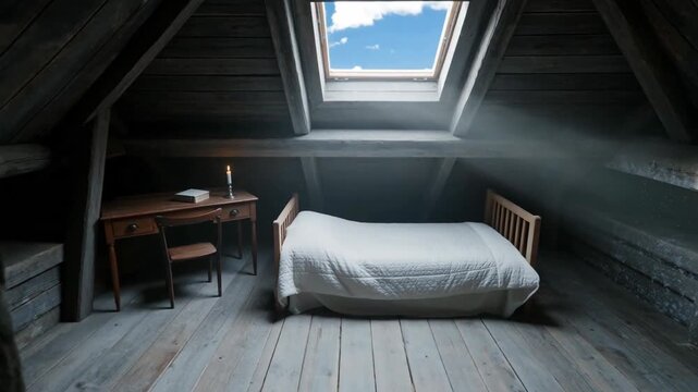 Quiet attic room featuring a wooden bed and table under a skylight illuminating dust particles in soft rays