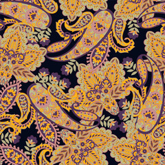 Paisley vector seamless design flowers and leaves in a batik-inspired style. Vintage fabric backdrop