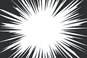 Manga radial burst with black speed lines. Explosive comic radiating energy for dynamic superhero and cartoon book backgrounds. Vector illustration