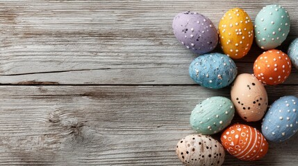 Obraz premium Colorful easter eggs arranged on rustic wooden background with spring holiday decorations and festive seasonal atmosphere