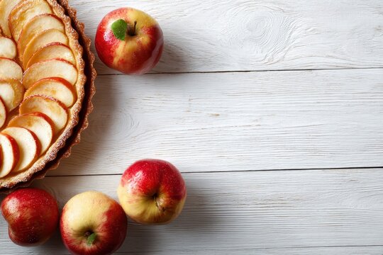 Sliced apple tart and fresh apples on a light wood surface with room for text
