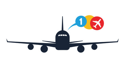 Dark silhouette of large airplane with colorful notification icons for flight booking and travel service applications.