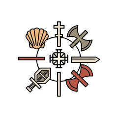 Medieval symbols vector illustration, flat design with cross, sword, shield, axe, helmet, and shell