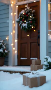 Snow-covered cardboard delivery box on doorstep with blurred festive lights and holiday wreath on the door during a cold winter evening with snowfall in a cozy suburban neighborhood
