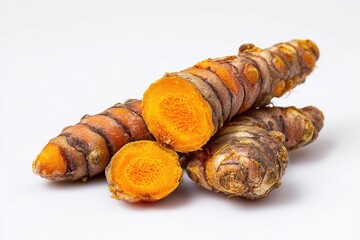 Sliced turmeric roots on a white backdrop