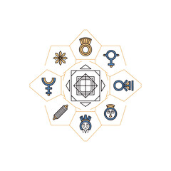 Diverse symbols around globe vector illustration, flat design