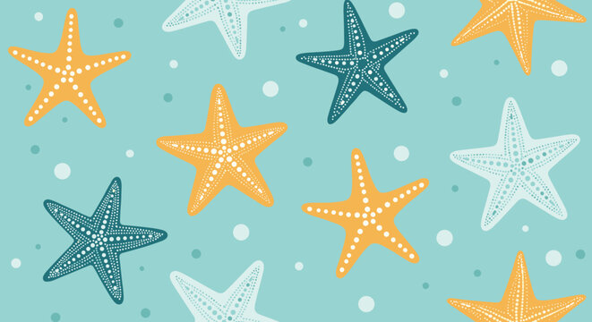 Seamless marine pattern with colorful starfish and bubbles on light blue background for beach and ocean themes.