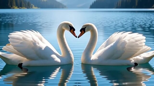 Graceful Swans Heart Shape on Blue Water &ndash; Minimalist Romantic Nature 4K