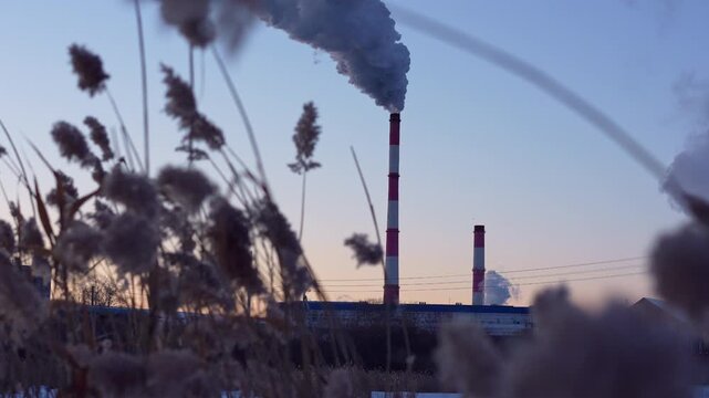 Winter sunset over a coal-fired power plant, highlighting urban air pollution and environmental impact. Russia, Blagoveshchensk