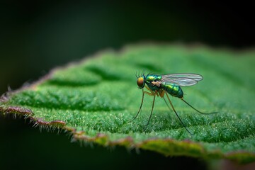 Fototapeta premium Small green bodied Dolichopodidae inhabit the leaves