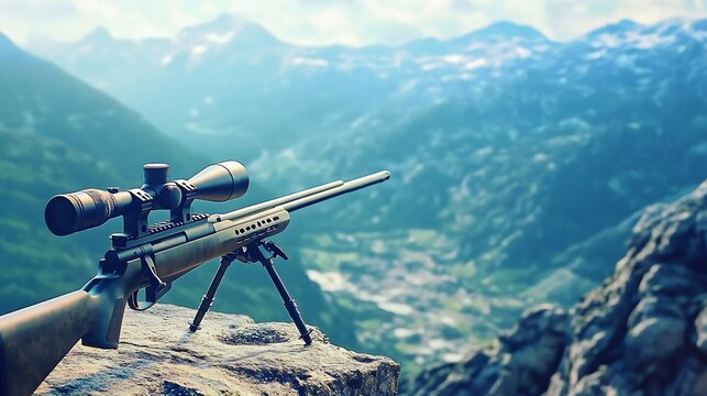Sleek sniper rifle with a modern scope placed on a mountain ledge overlooking a vast landscape emphasizing long range precision and patience