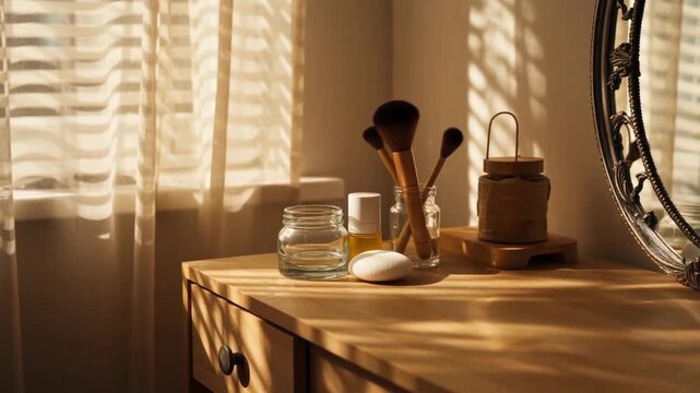Sunlight streaming through sheer curtains, illuminating a wooden dresser adorned with beauty products and makeup brushes, creating a serene atmosphere
