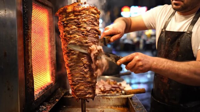 Rotating meat on a vertical spit for cooking process close up