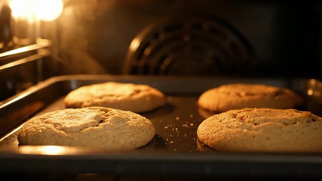 Freshly baked cookies emerging from the oven, captured from a close-up viewpoint inside the kitchen