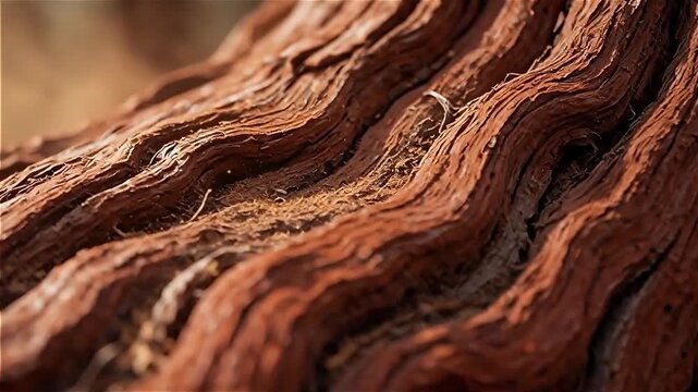 Close-up view of textured, wavy tree bark showcasing rich reddish-brown hues with fine details in natural sunlight