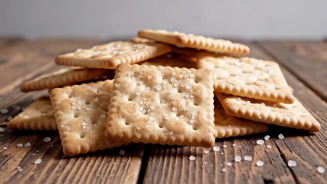A stack of crackers on a wooden table viewed from a slightly angled perspective