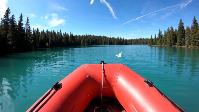 A tranquil view of a bright turquoise lake surrounded by lush green forests, showcasing a red boat at the forefront under a clear blue sky