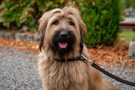 Smiling brown dog on a leash sitting