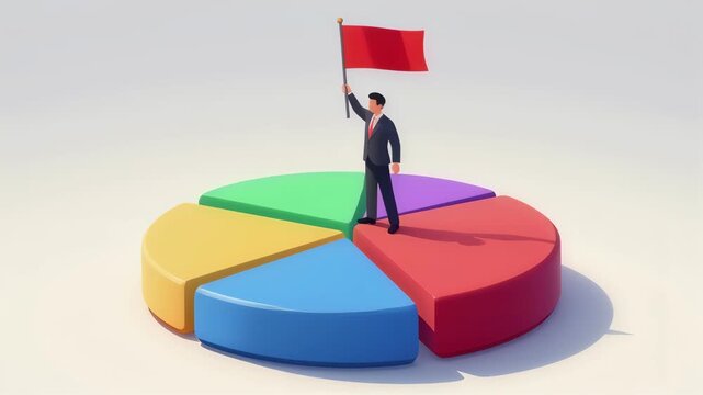Businessman holding red flag atop colorful pie chart segment