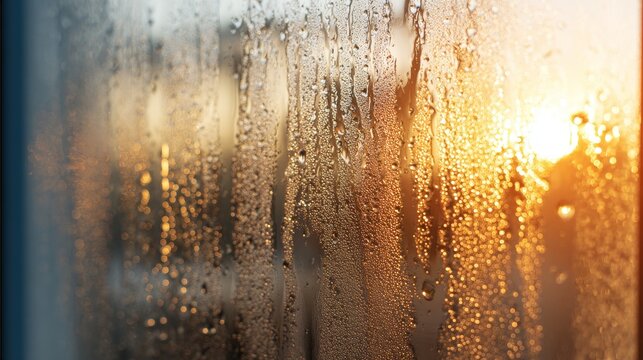 Condensation on window glass inside home from high humidity and poor ventilation, steamed surface with water droplets showing indoor moisture buildup and household climate problem concept