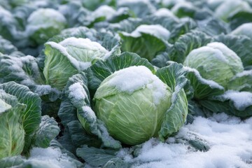 Fototapeta premium Snow blankets a patch of white cabbage