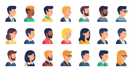 Diverse Collection of Flat Design Profile Avatars for Men and Women.