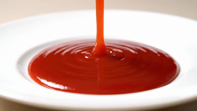 Red sauce being poured onto a white plate from above, creating a circular pattern