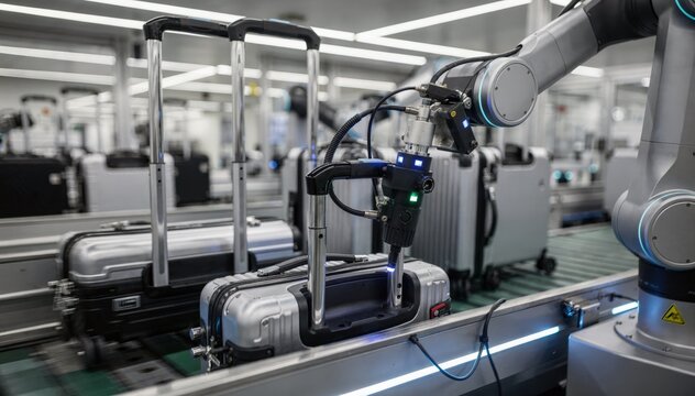 Closeup medium view of cobots using torque tools to secure telescopic handles on suitcases highlighting advanced automation in packaging facilities.