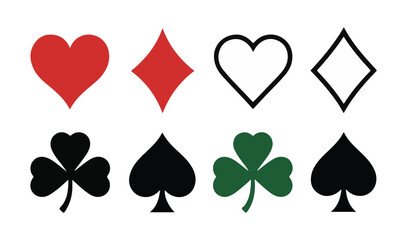 Playing card suits and clover leaf symbols in solid and outline styles for casino game layout and design