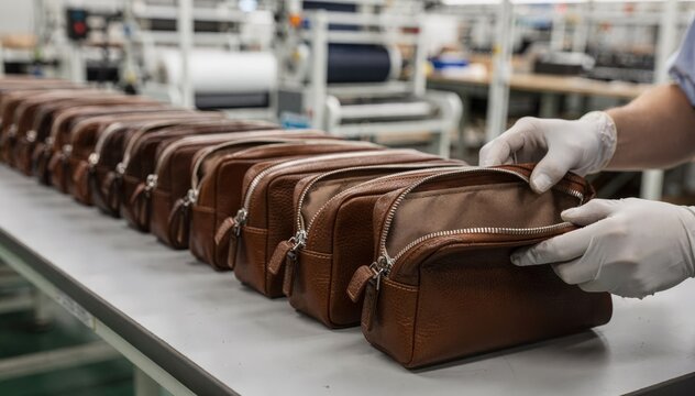 Row of lined leather zipper pouches being inspected for quality featuring smooth inner fabric and sturdy exterior ready for packaging in modern factory.