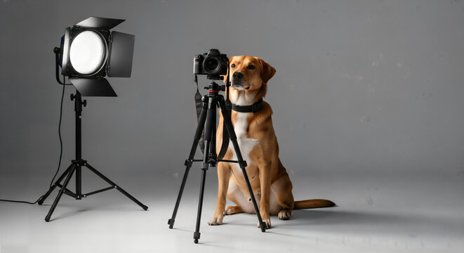 Dog with camera on tripod and lighting, behind the scenes photoshoot